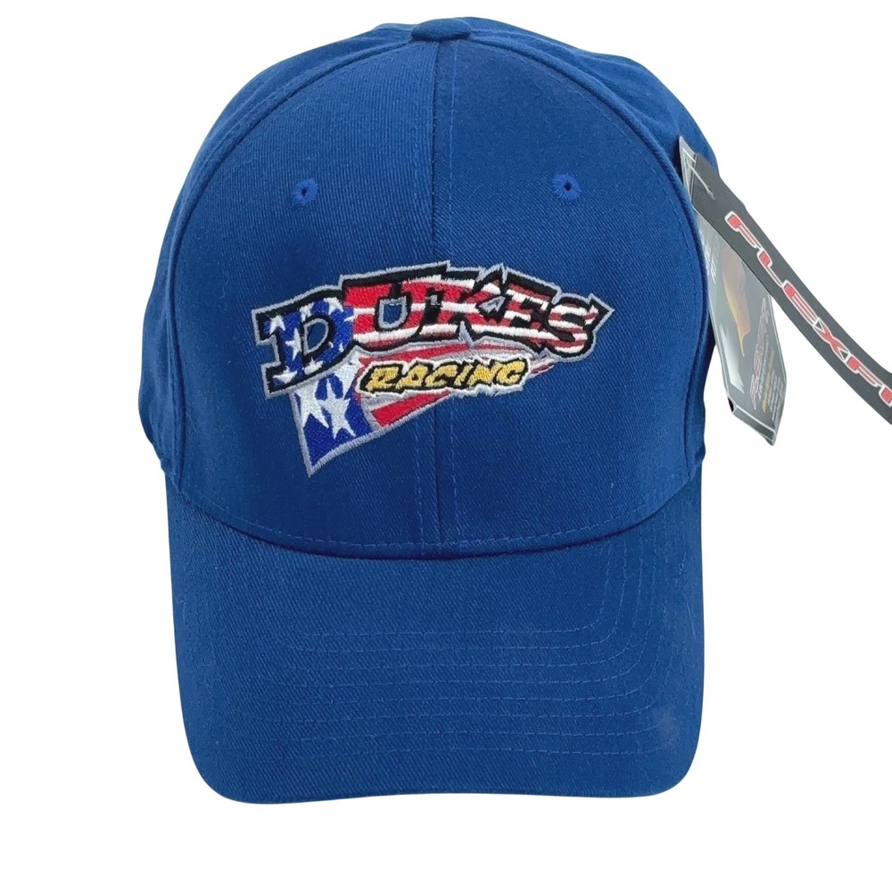 Flexfit Yupoong Dukes Racing Hat Royal Blue Embroidered USA Flag Cap L-XL NWT